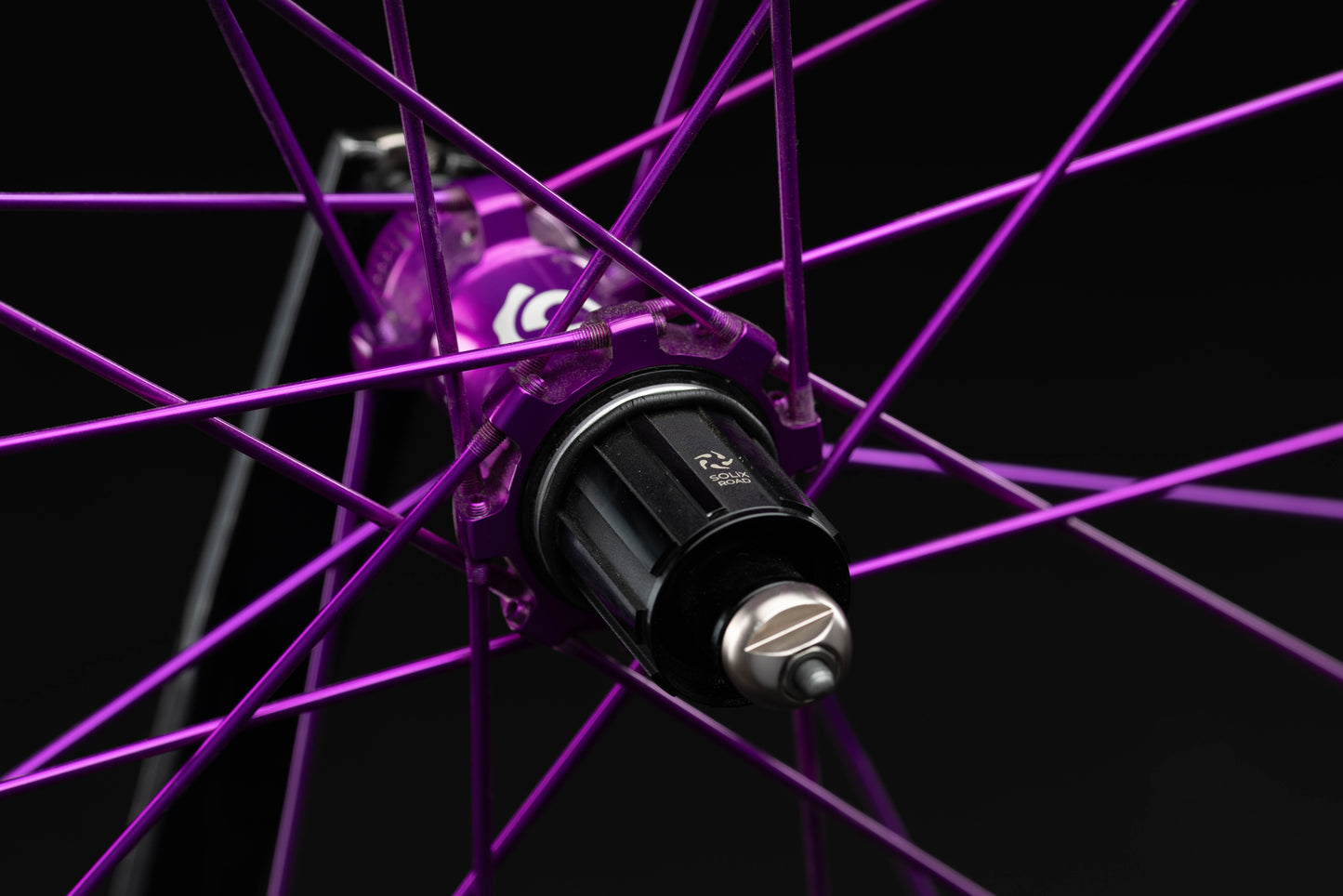Close-up of a purple bicycle hub with black center on a black background