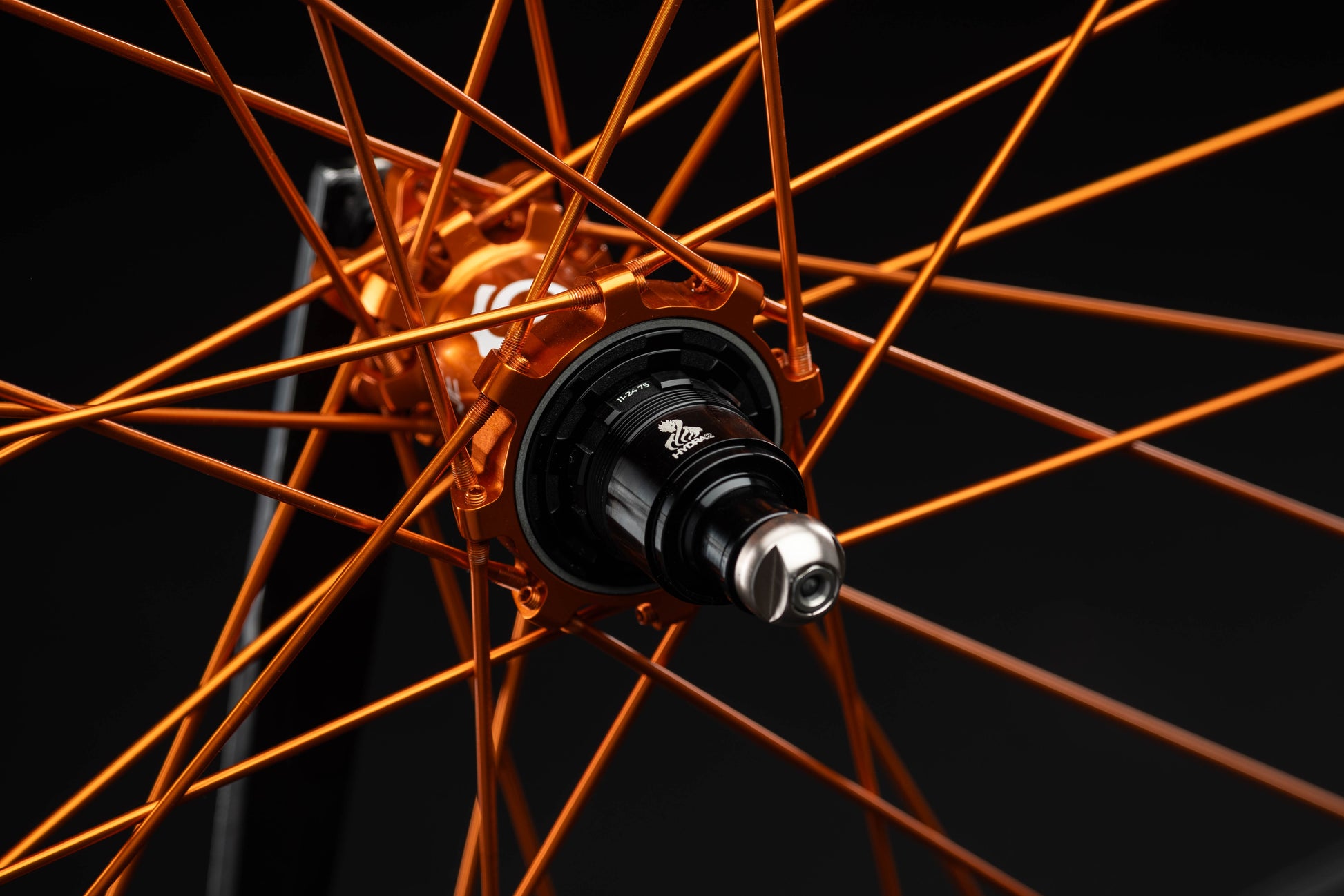Close-up of a bicycle hub with orange spokes on a black background