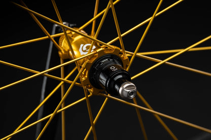 Close-up of a gold bicycle hub with gold hub on a black background